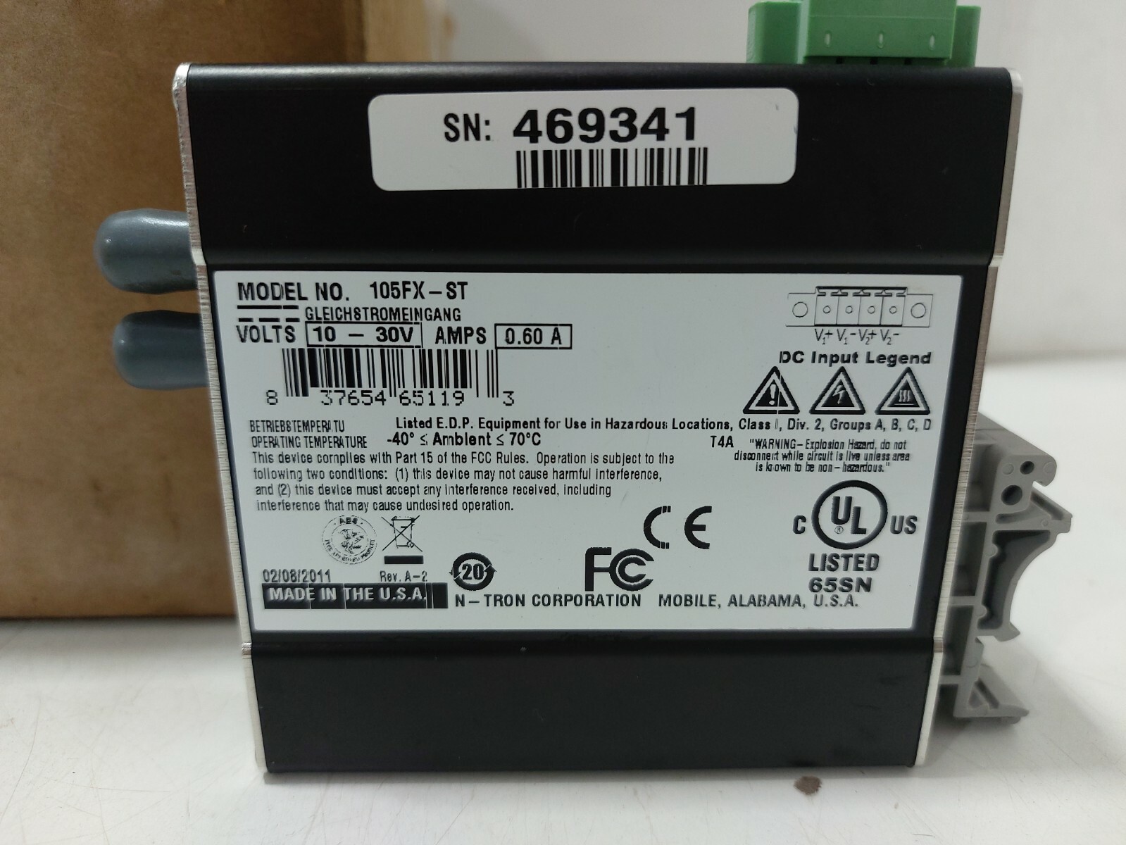N-Tron 105FX-ST Ethernet Switch , Volts 10-30V, Amps 0.60A