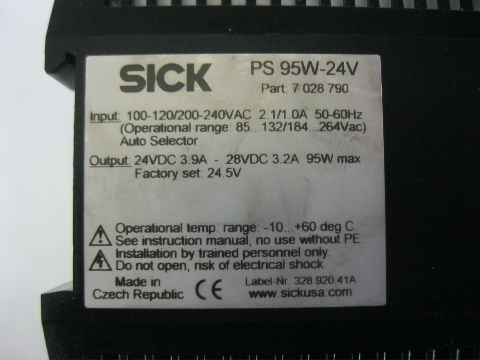 SICK PS 95W-24V 95 Watt POWER SUPPLY 7 028 790, 100-240 VAC input, 24-28 VDC out