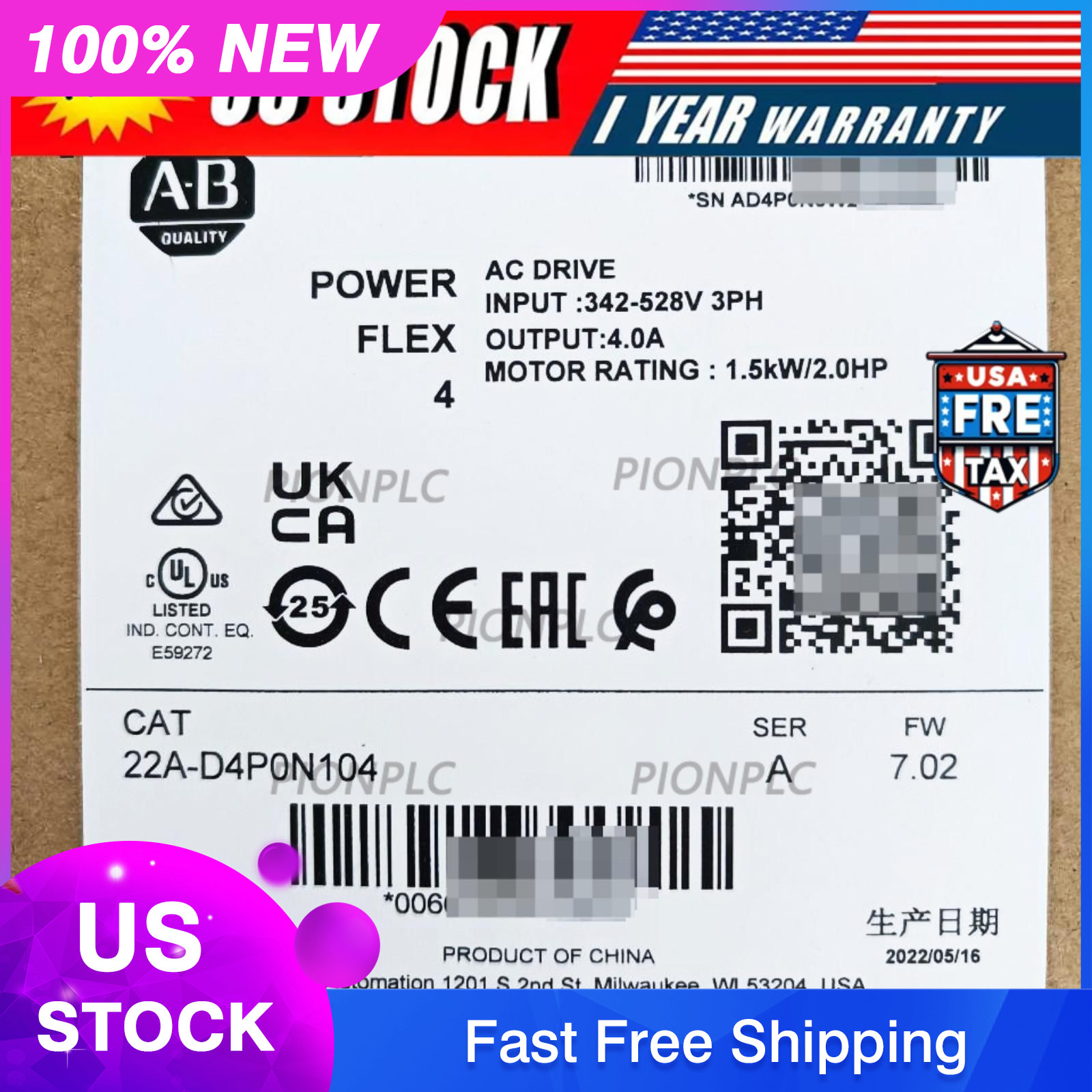 Sealed Allen-Bradley 22A-D4P0N104 SER A POWERFLEX 4 Catalog AC Drive US Free Tax