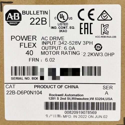 New Factory Sealed 22B-D6P0N104 A PowerFlex 40- 2.2 kW (3 HP) AC Drive AB