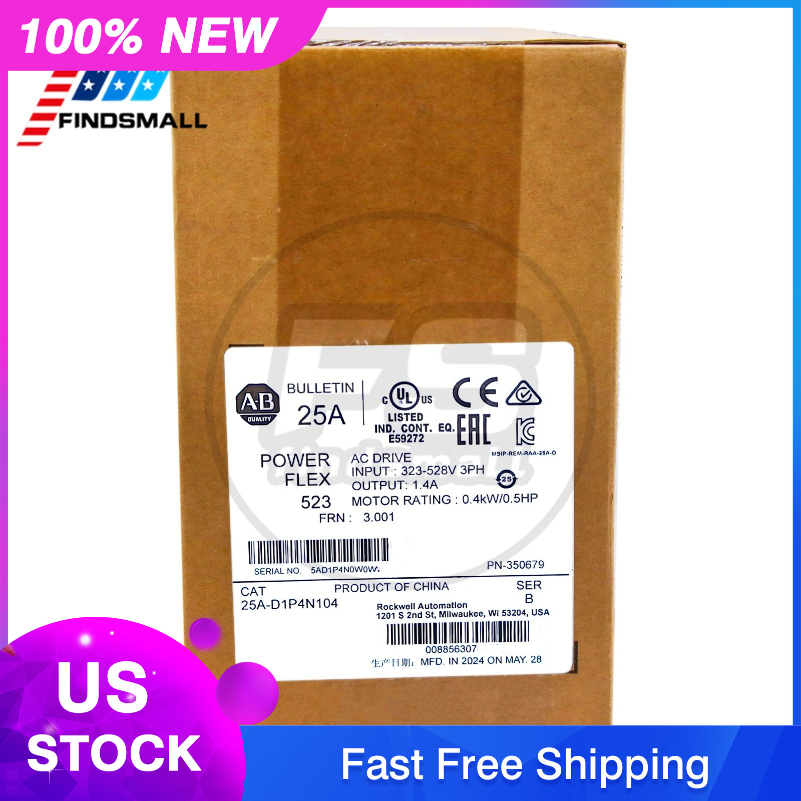 2024 New Sealed Allen Bradley 25A-D1P4N104 /B AC Drive 0.4kW 0.5Hp