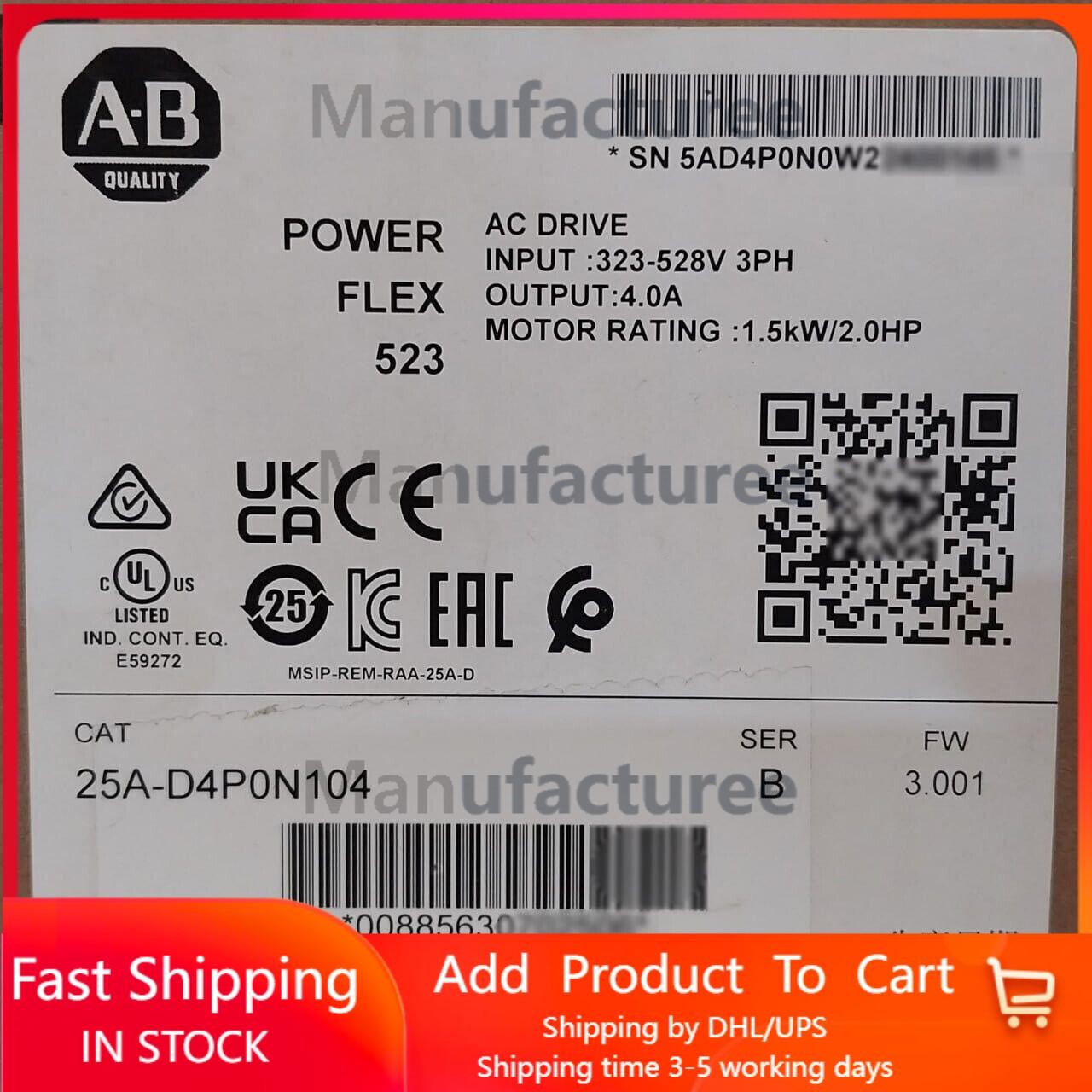 New Sealed Allen-Bradley 25A-D4P0N104 Ser B PowerFlex 523 AC Drive 1.5kW 2.0HP