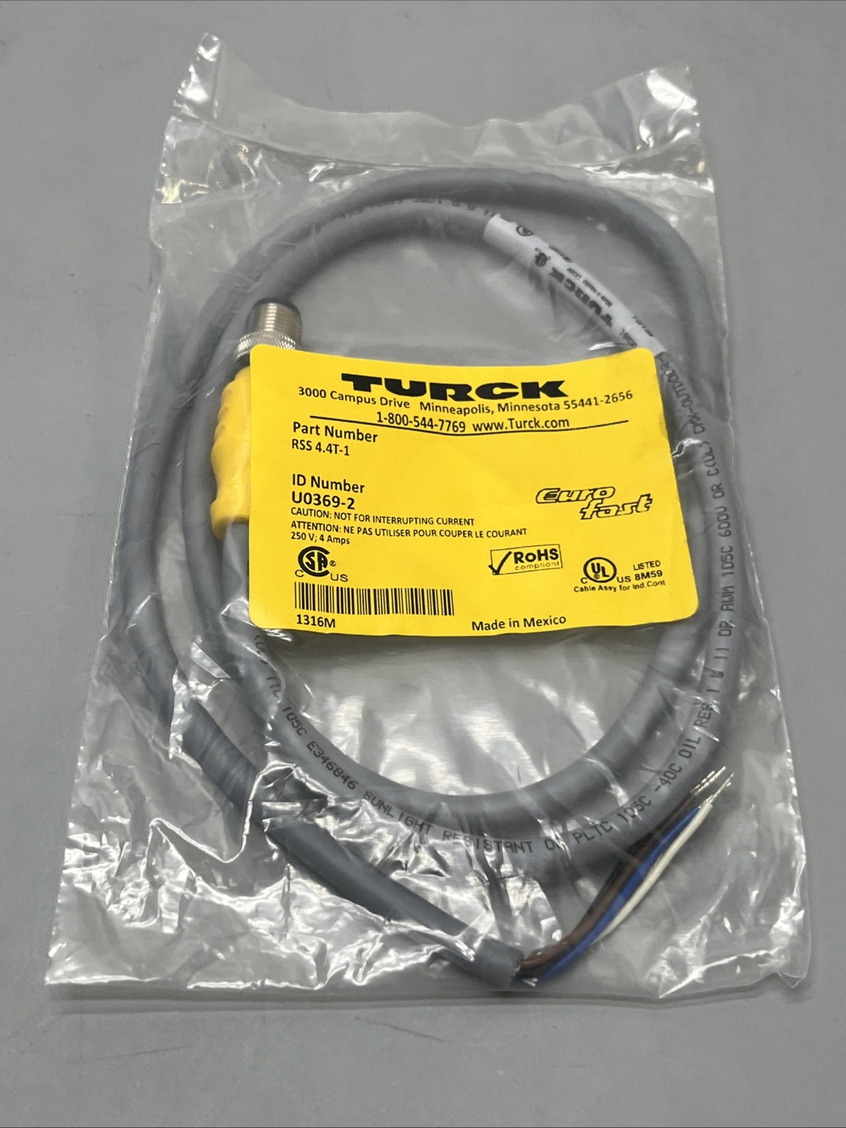 Turck Cable RSS 4.4T-1 U0369-2 250V/4A Euro Fast RoHS Compliant