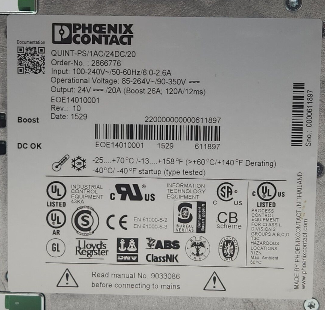 PHOENIX CONTACT QUINT-PS/1AC/24DC/20 POWER SUPPLY UNIT 2866776 REV 10