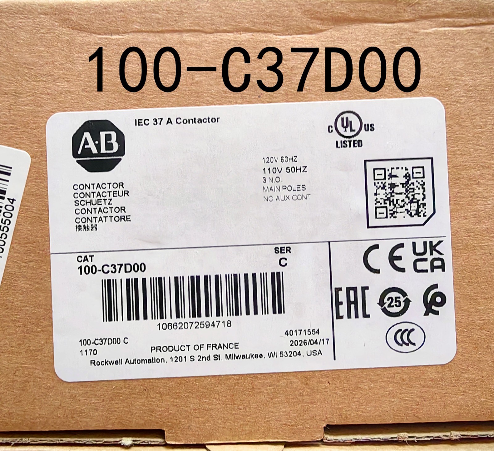 2025 New Allen-Bradley 100-C37D00 Ser C Contactor 120V 60HZ/110V 50HZ US Ship