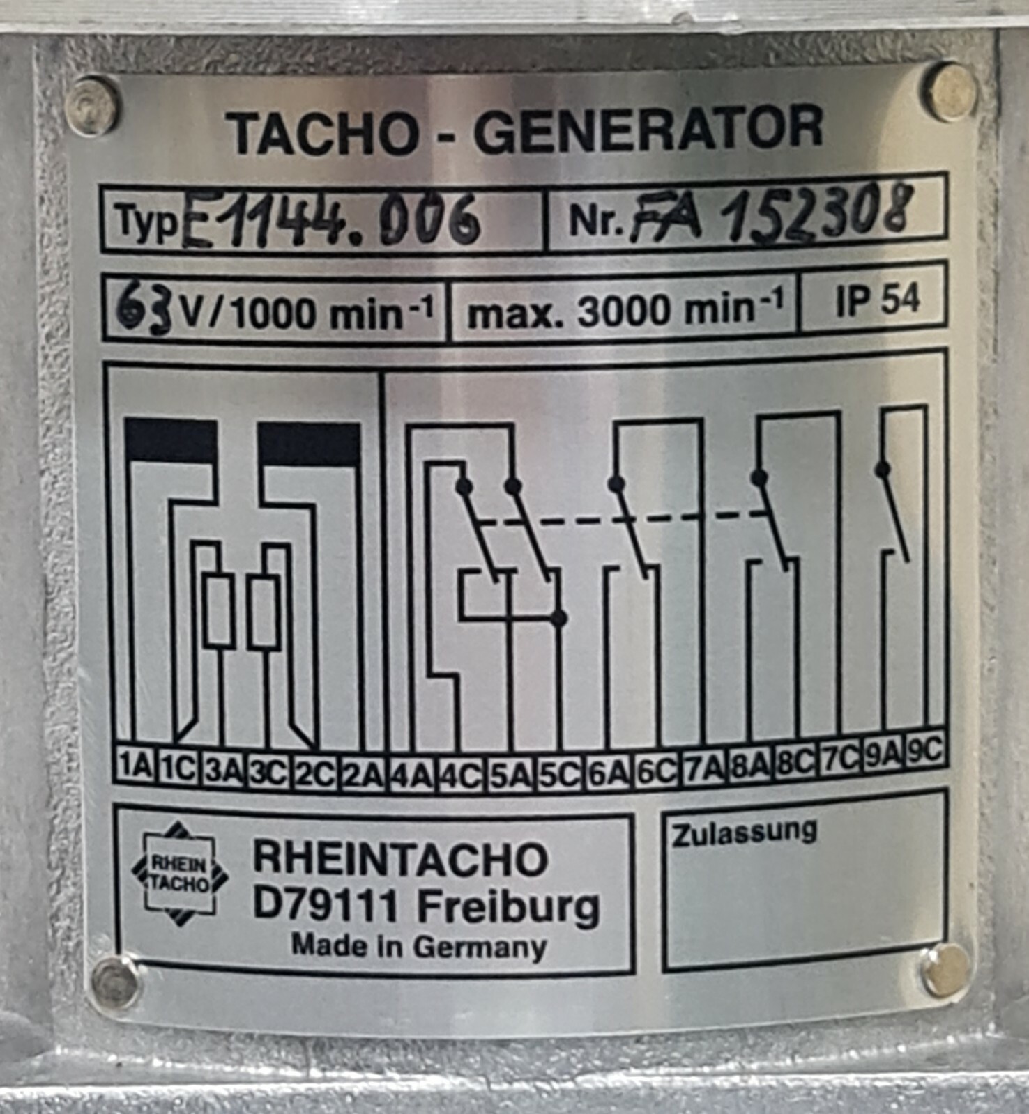 RHEINTACHO TYPE: E1144.006 TACHO – GENERATOR OVERSPEED TRANSMITTER FA 152308