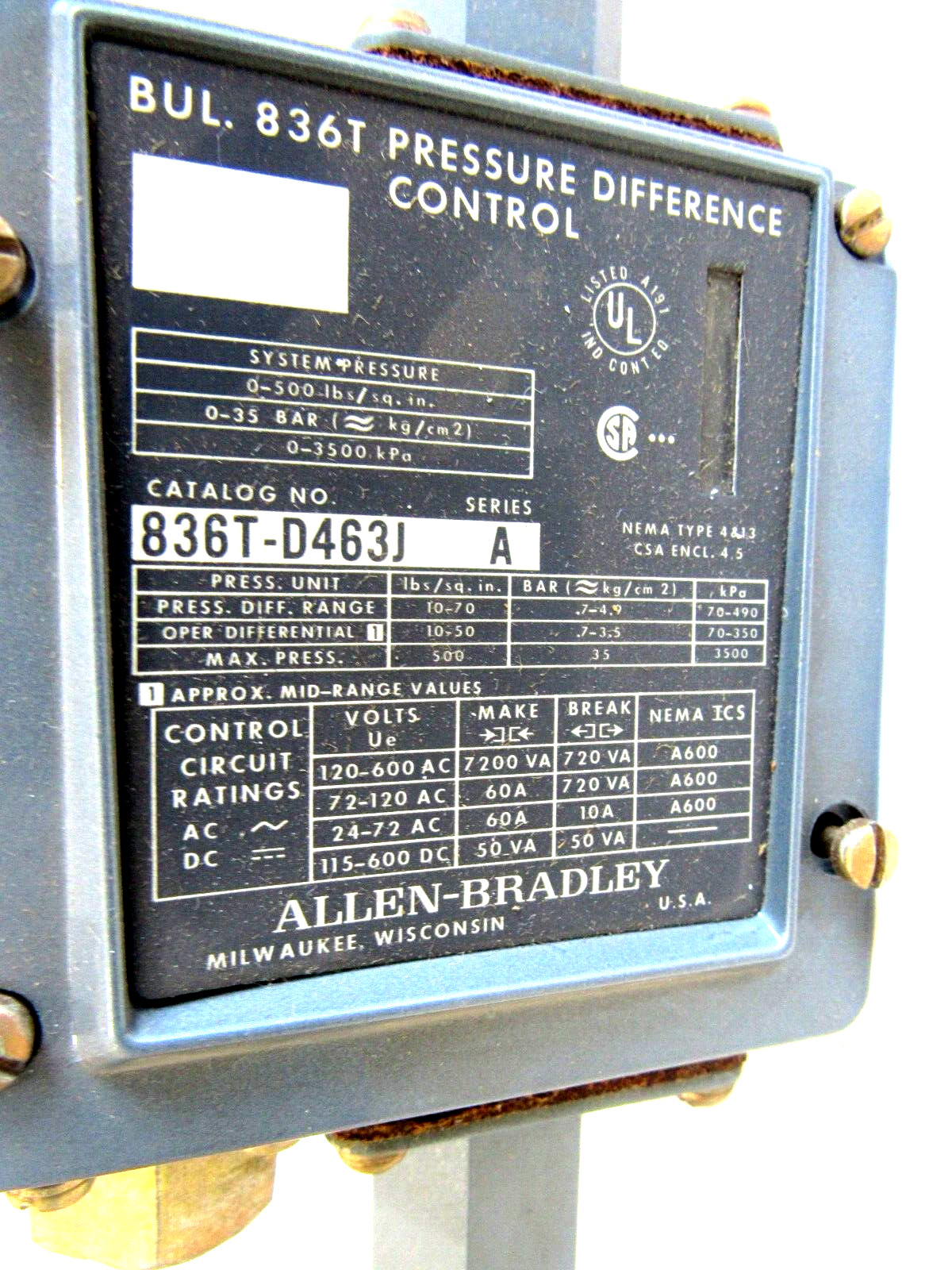 ALLEN BRADLEY 836T-D463J PRESSURE SWITCH SERIES A 836TD463J NEW, SURPLUS