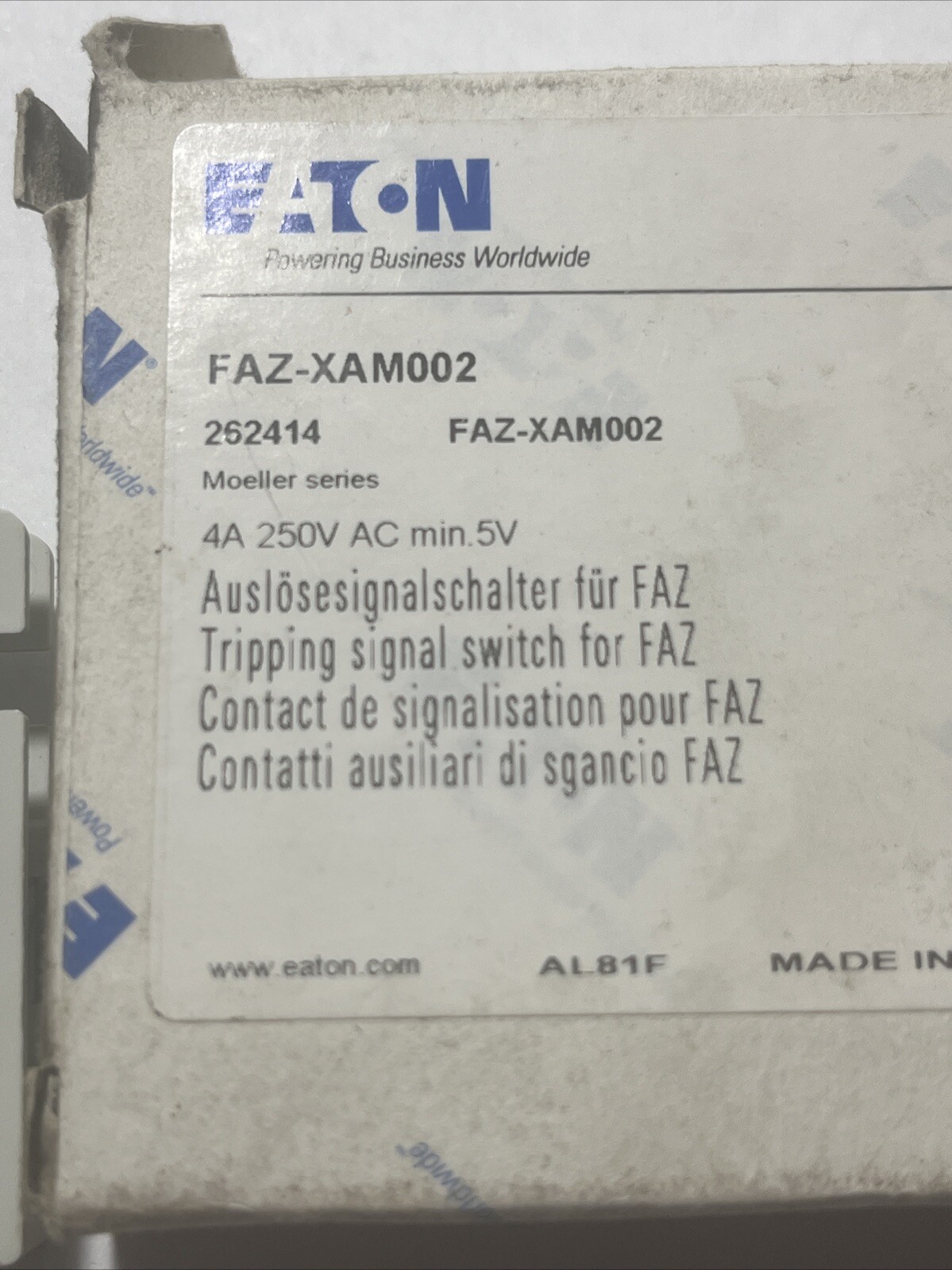Eaton Moeller FAZ-XAM002 Auxiliary Contact, 4A, 250V, New