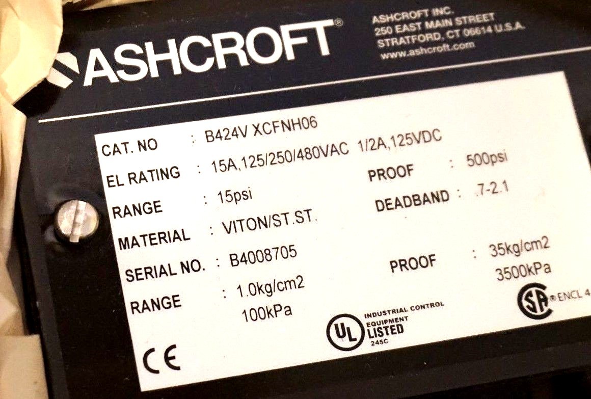 NEW ASHCROFT B424V XCFNH06 PRESSURE SWITCH 15-500PSI, 15AMP, B424VXCFNH