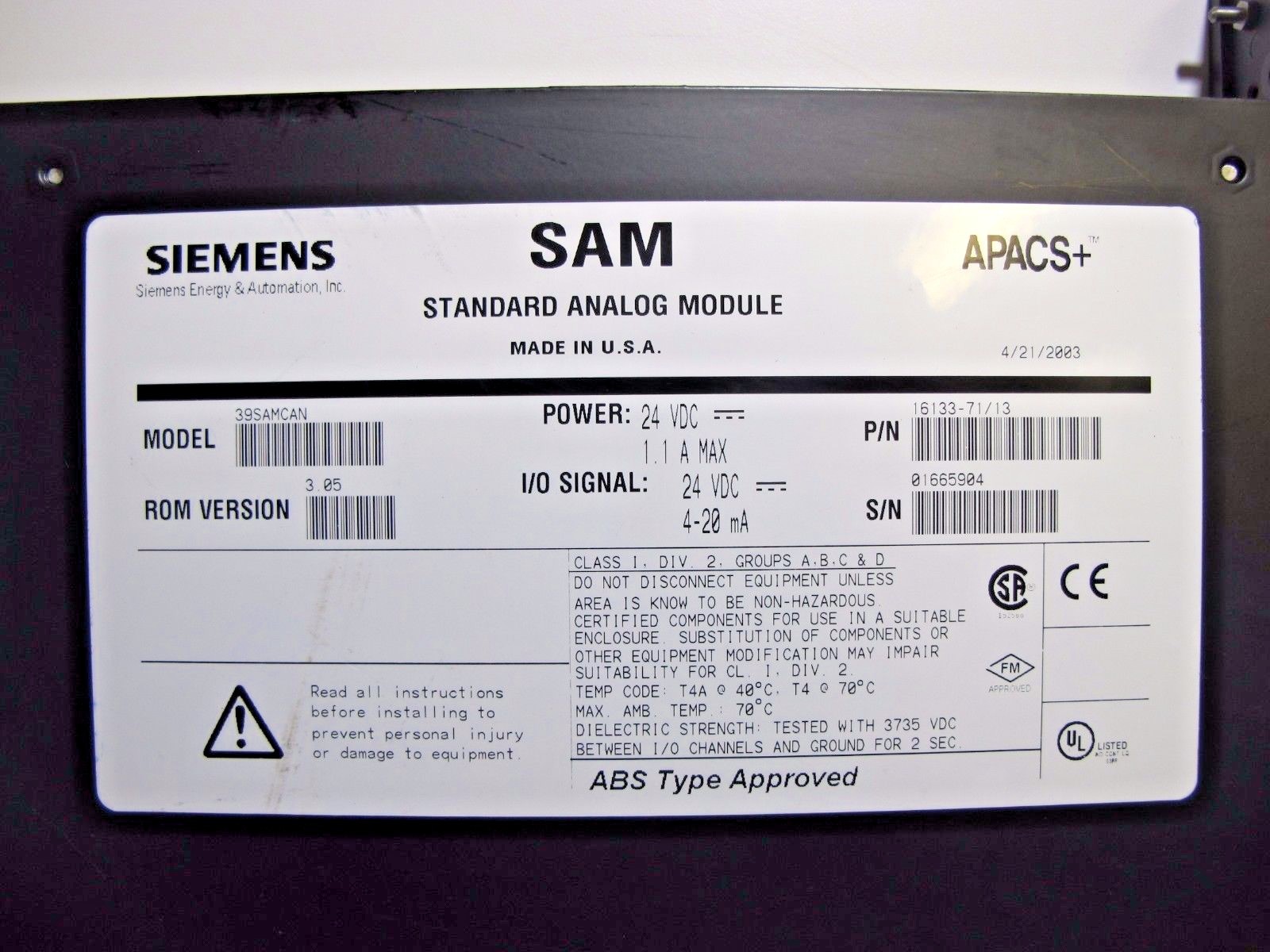 Siemens 39SAMCAN 16133-71/13 APACS + SAM Standard Analog Module Moore ROM 3.05 B