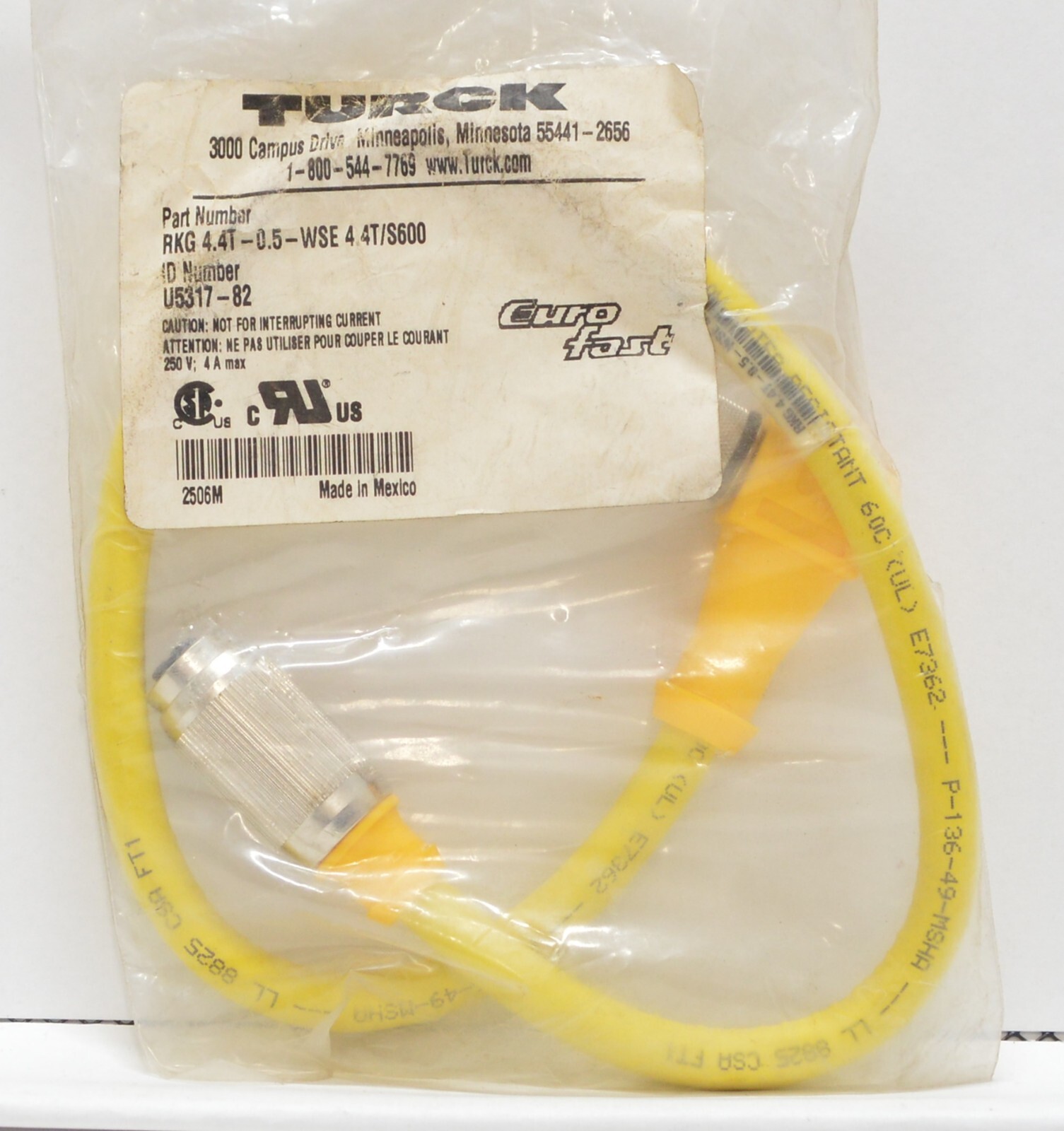 NEW Turck RKG 4.4T-0.5-WSE 4.4T/S600 Actuator and Sensor Cordset – U5317-82