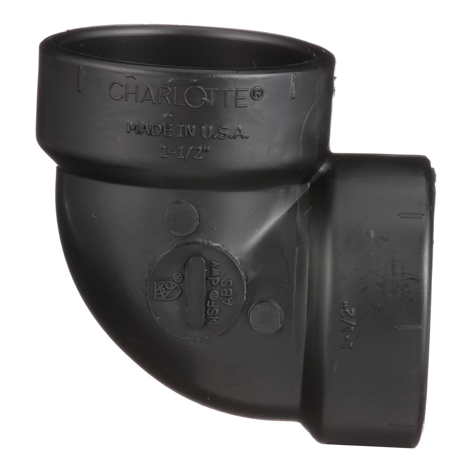 Charlotte Pipe ABS003310600 Black 90 Degree ABS Elbow 1-1/2 x 1-1/2 Hub Dia. in.