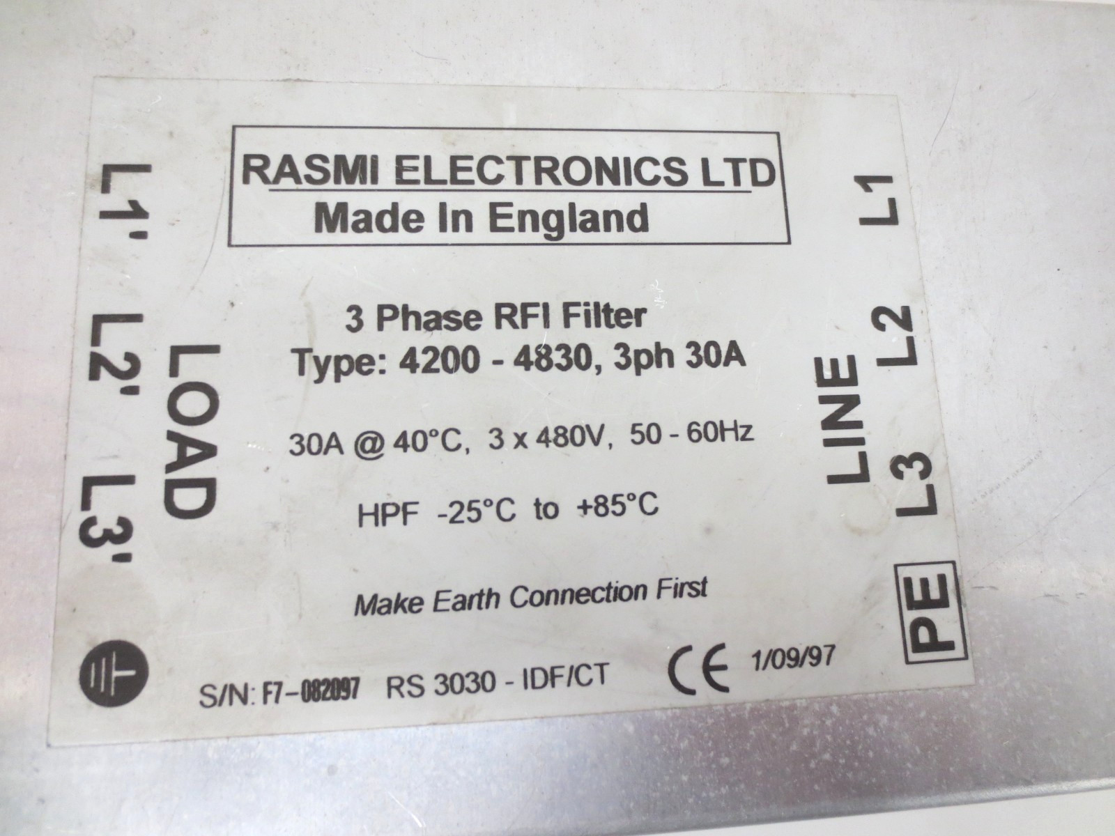 RASMI 4200-4830 3 PHASE RFI FILTER 3ph 30A 480VAC