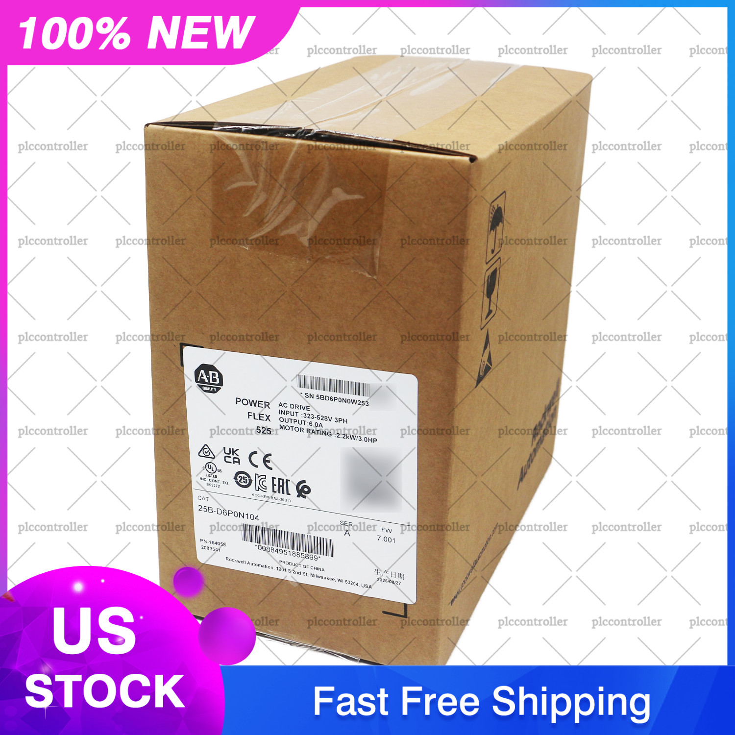 2025 New Allen Bradley 25B-D6P0N104 PowerFlex 525 2.2kW (3Hp) AC Drive 3 Phase