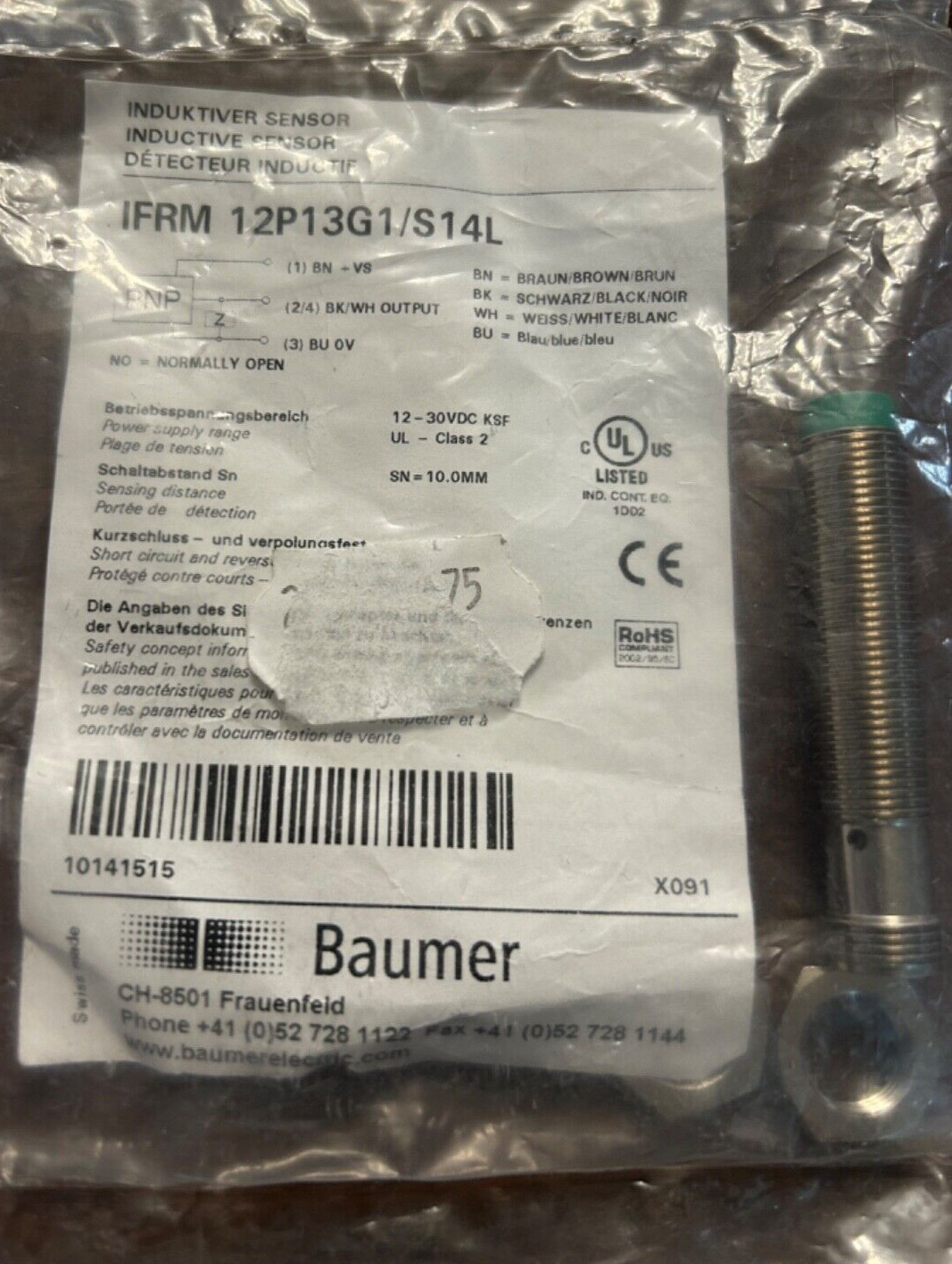BAUMER IFRM 12P13G1/S14L INDUCTIVE PROXIMITY SWITCH, CYLINDRICAL, M12 NEW