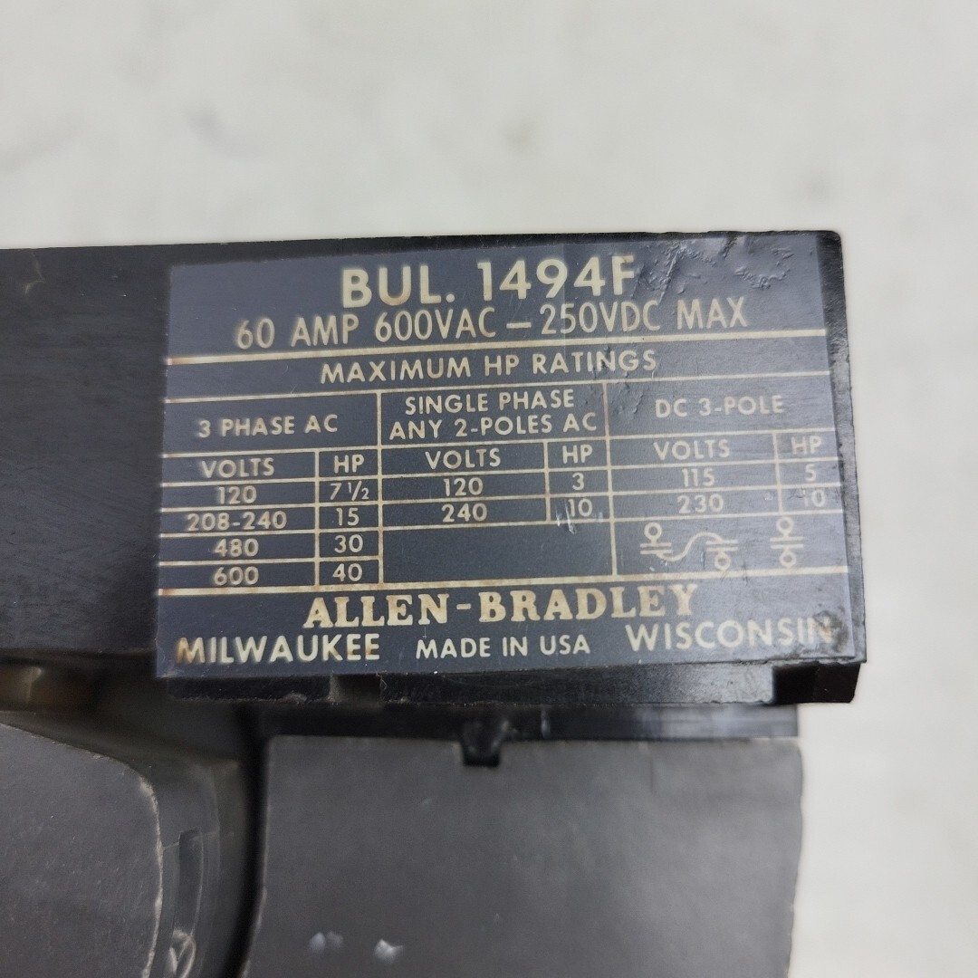 Allen-Bradley 1494F Disconnect Switch 60 Amp 600 Vac 250 Vdc *USED