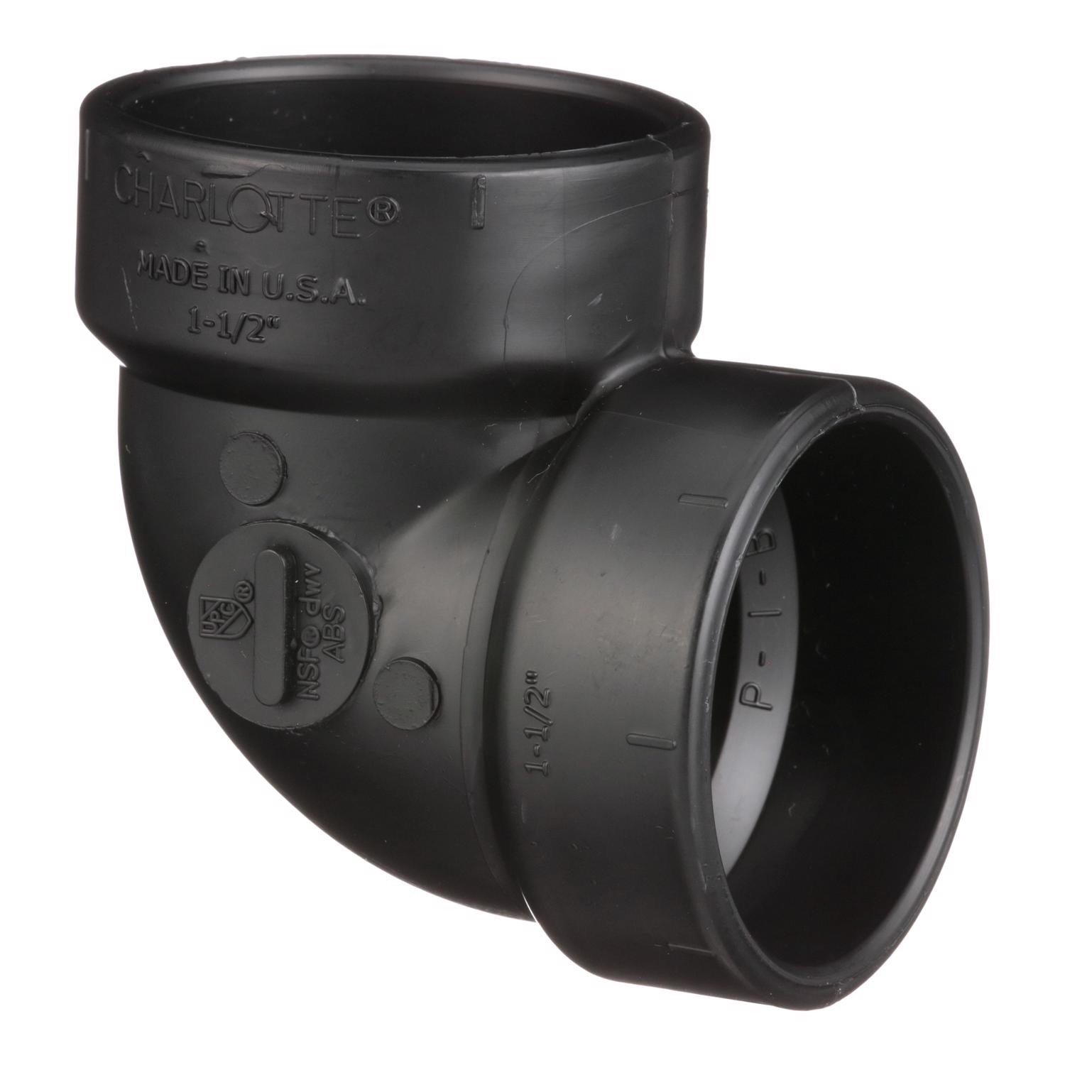Charlotte Pipe ABS003310600 Black 90 Degree ABS Elbow 1-1/2 x 1-1/2 Hub Dia. in.