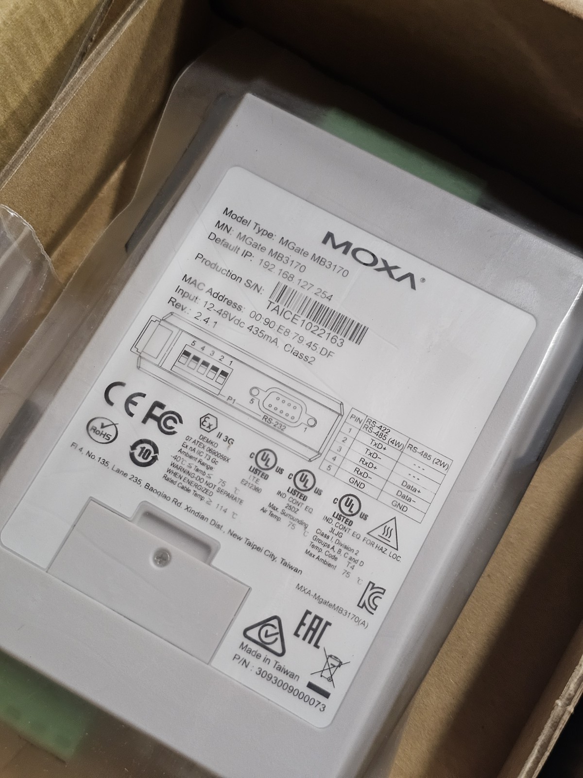 MOXA MGate MB3170 Modbus TCP Gateway RS232 RS422 RS485 Open Box Complete