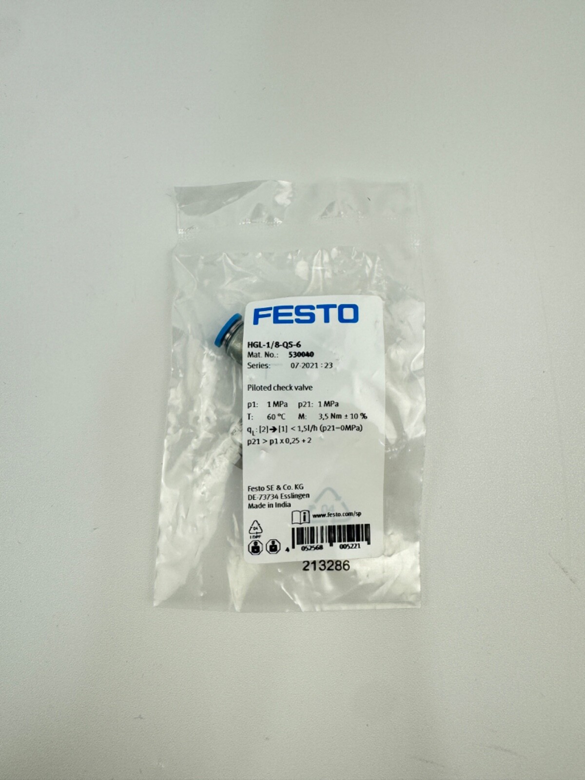 FESTO HGL-1/8-QS-6 530040 Pilot Check Valve