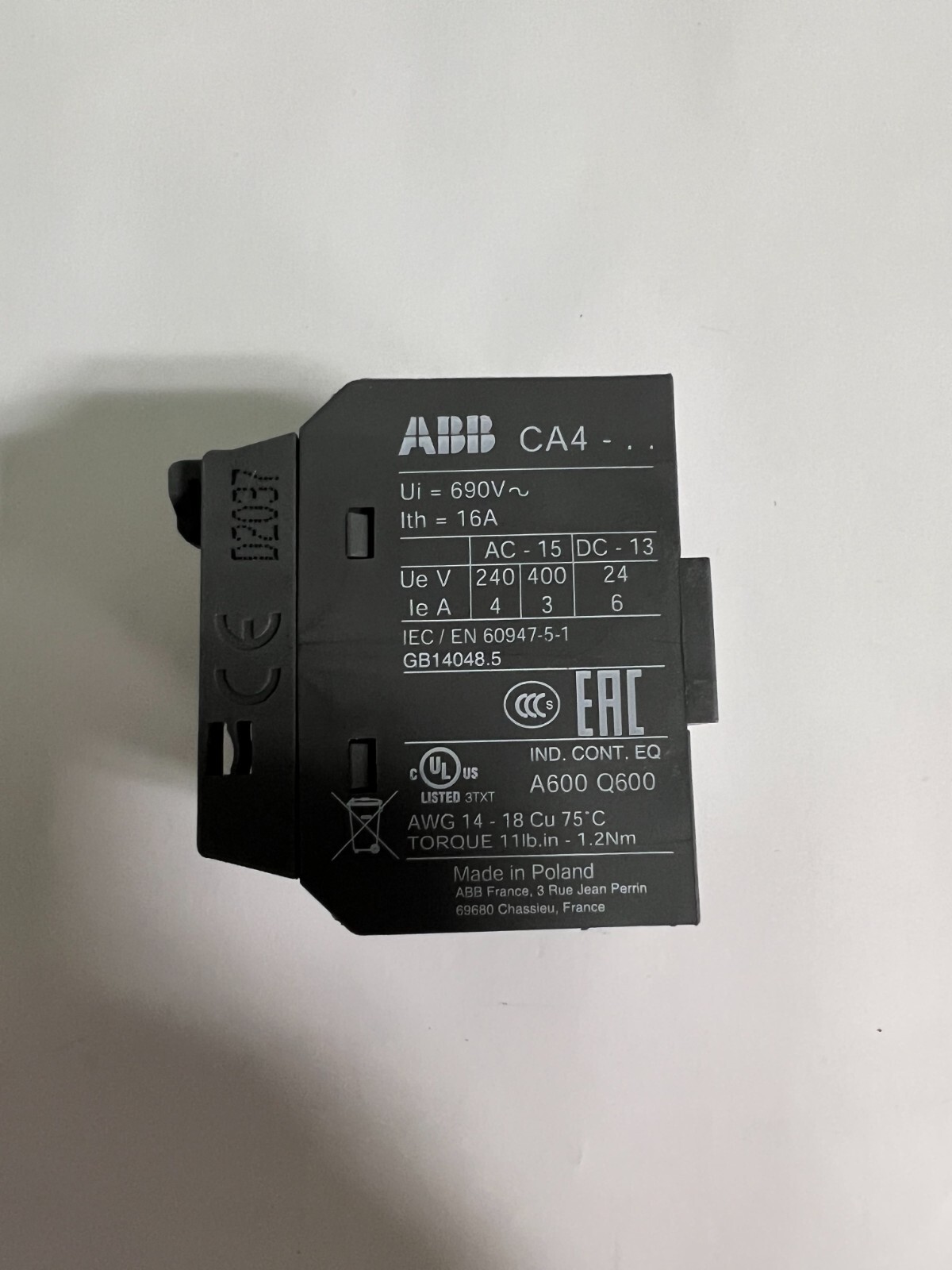 Front Mount Auxiliary Contact with Screw Terminal, 4NO, 6 A, 600 V dc, 690 V ac