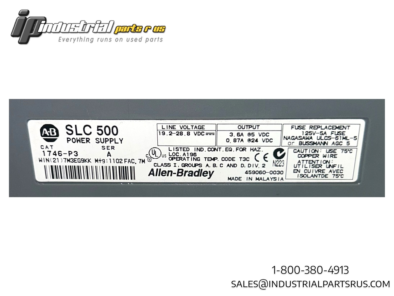 Allen Bradley 1746-P3 Ser. A Power Supply, 19.2-28.8V DC, 3.6 Amp, 61 Watts