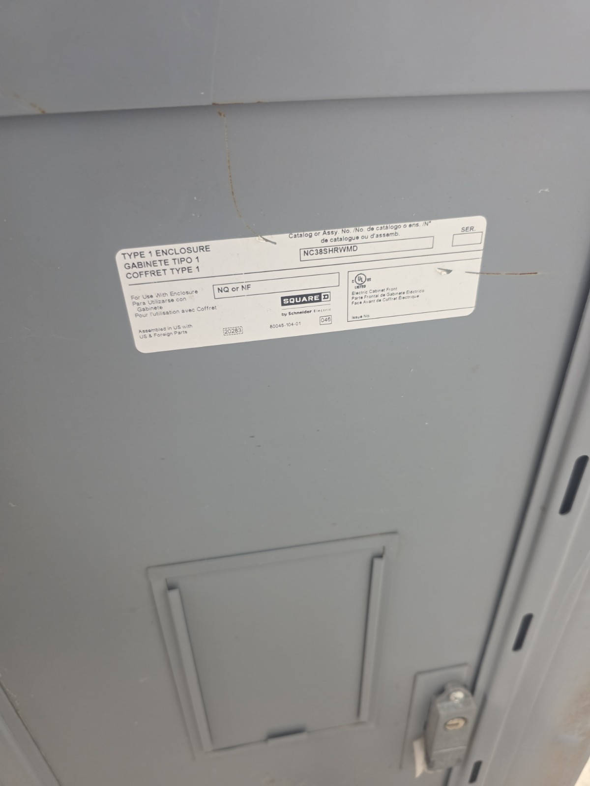 SQD NC38SHRWMD,HINGED SURFACE COVER,STEEL, 20 X 38,NF/NQ PANELS,NEMA 1