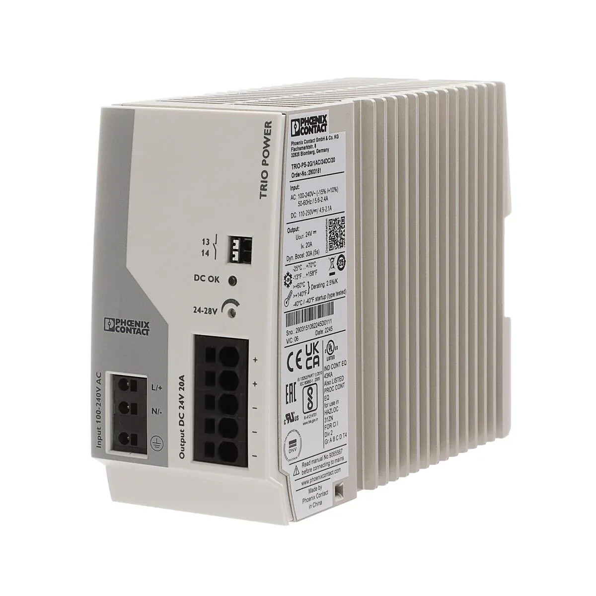 Phoenix Contact 2903151(TRIO Power Series) Power Supply, 24VDC, 20A 2G/1AC/24DC