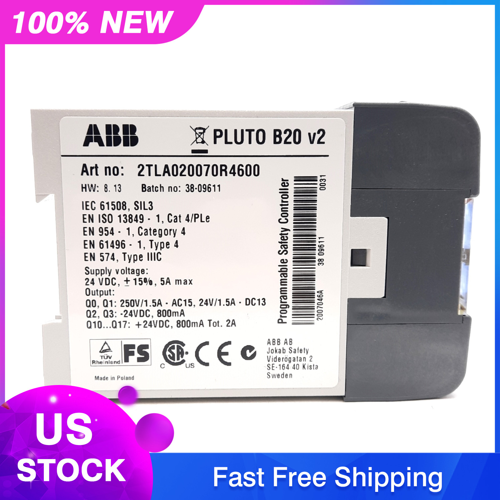 ABB Jokab Safety 2TLA020070R4600 Safety Controller, 24VDC 5A, 16 Input 4 Output