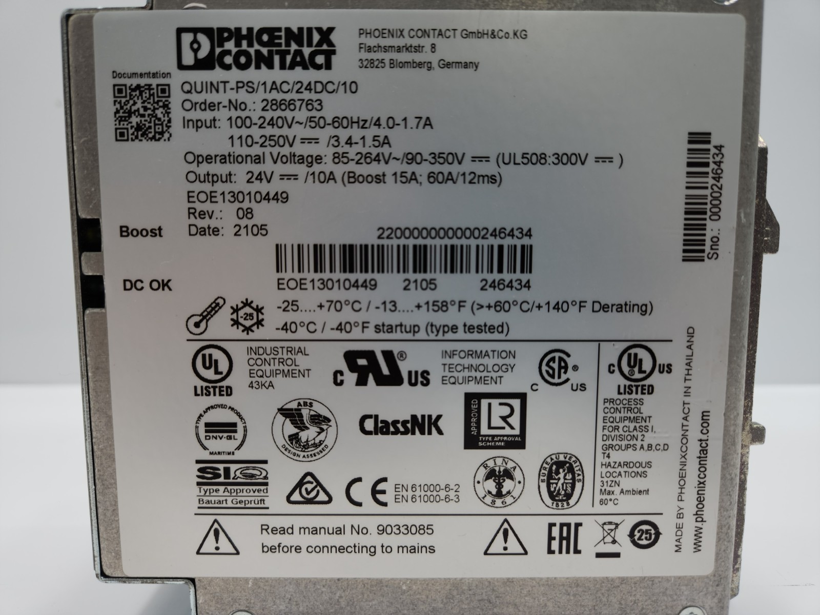 PHOENIX CONTACT QUINT-PS/1AC/24DC/10 POWER SUPPLY 2866763 REV 08