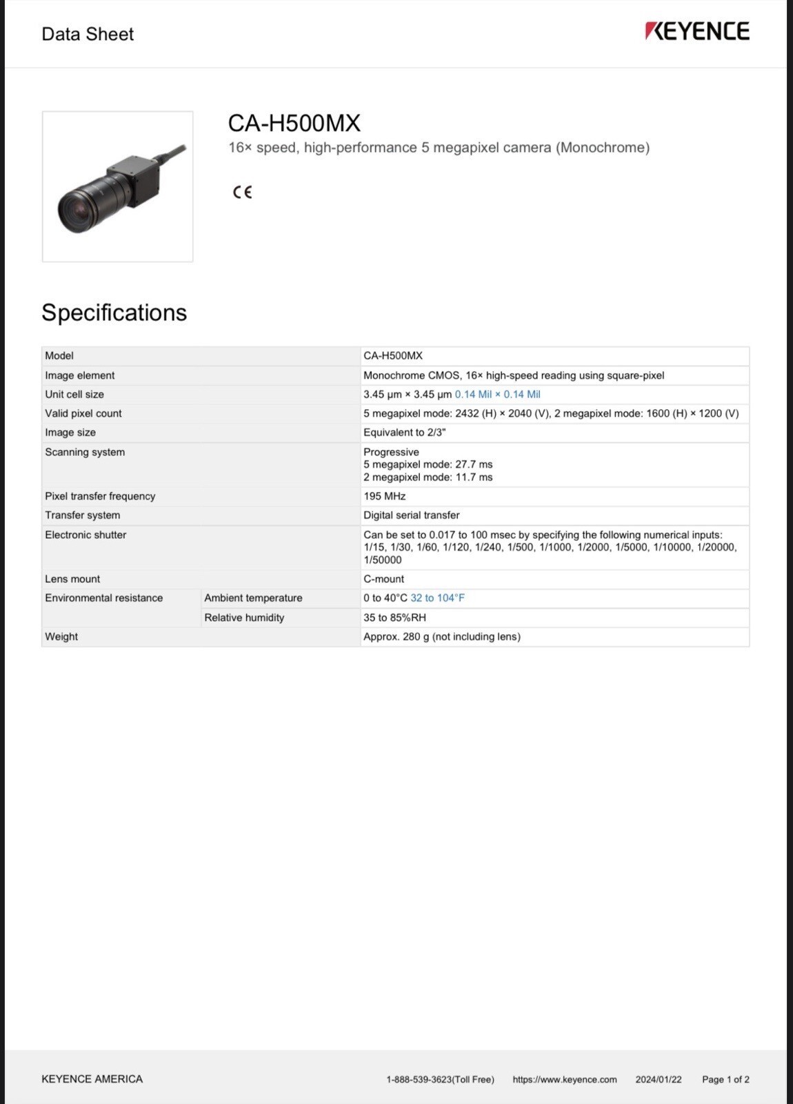Keyence CA-H500MX High Speed, High Functioning Camera 96M15218 US Free TAX