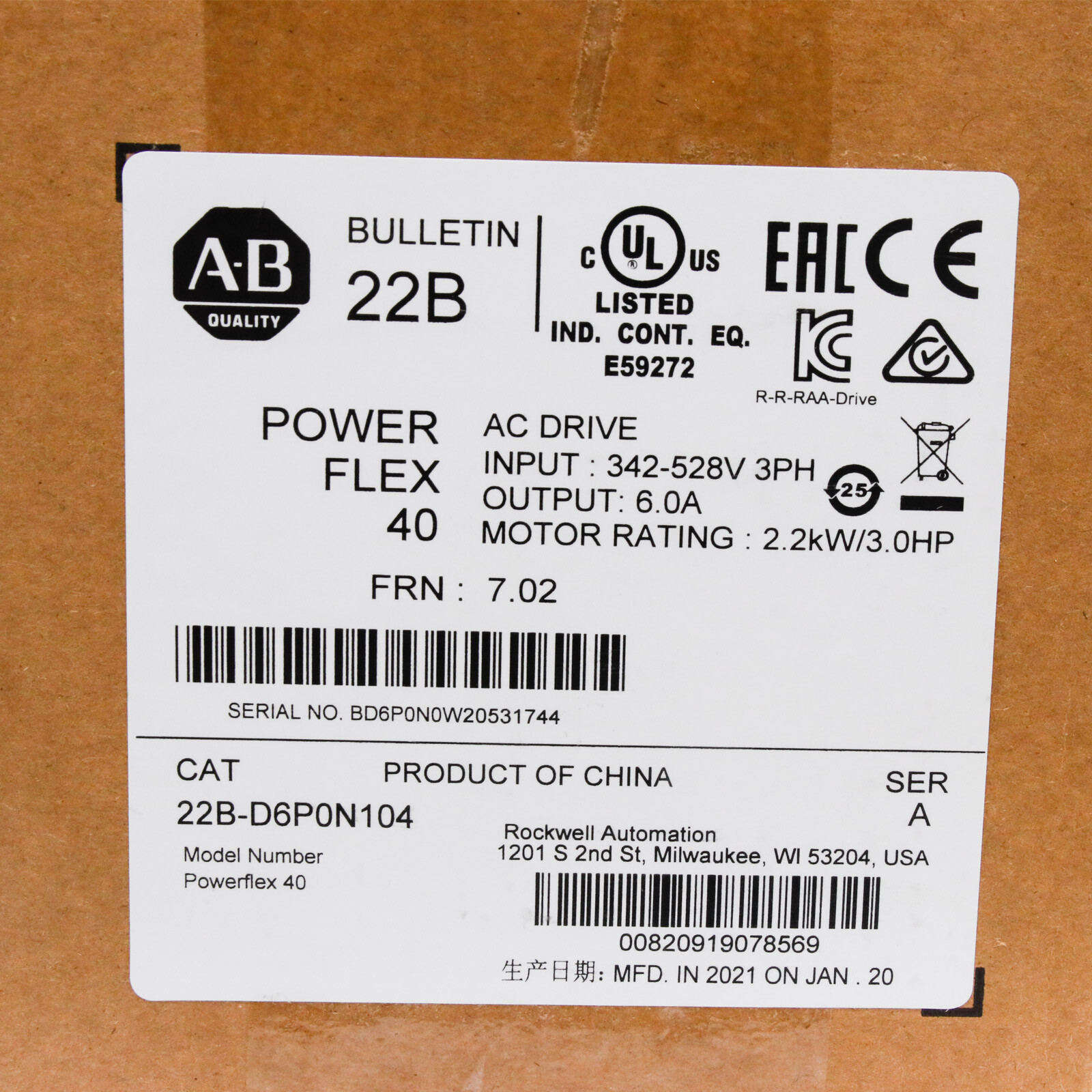 22B-D6P0N104 Allen-Bradley PowerFlex 40 2.2KW/3.0HP AC Drive US Free Tax