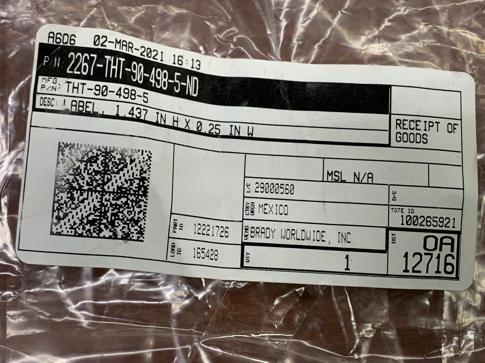 5000-PCS BRADY THT-90-498-5 Thermal Transfer Label 1.437 IN H X 0.25 IN W