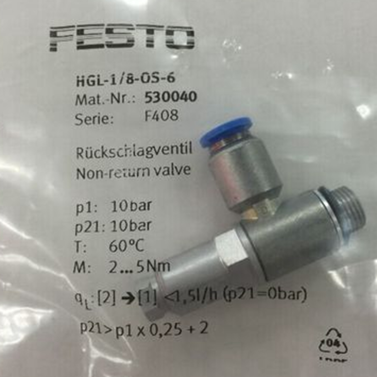 1PC New Festo HGL-1/8-QS-6 530040 Check valve Free Shipping