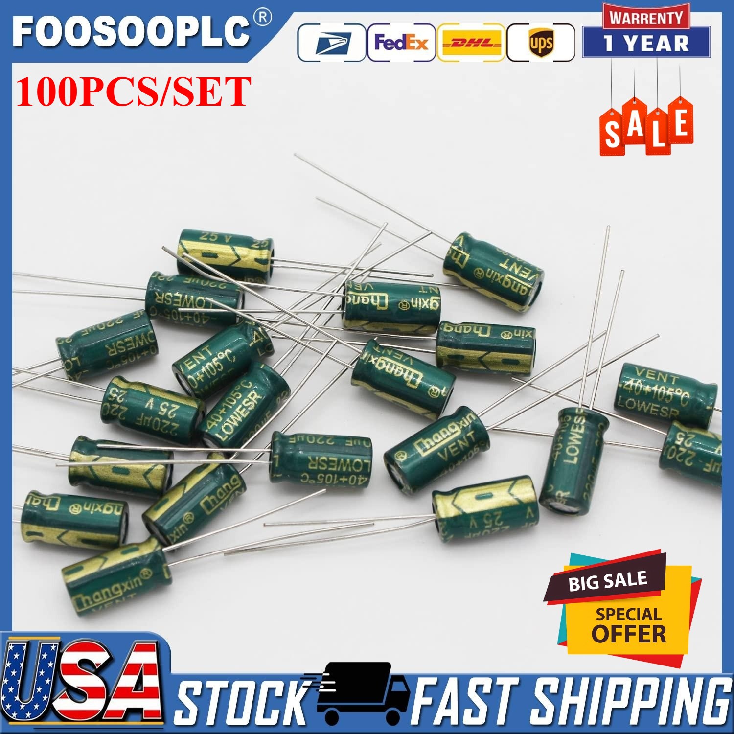 100PCS 220uf 25v 105c radial electrolytic capacitors USA STOCK FAST SHIPPING