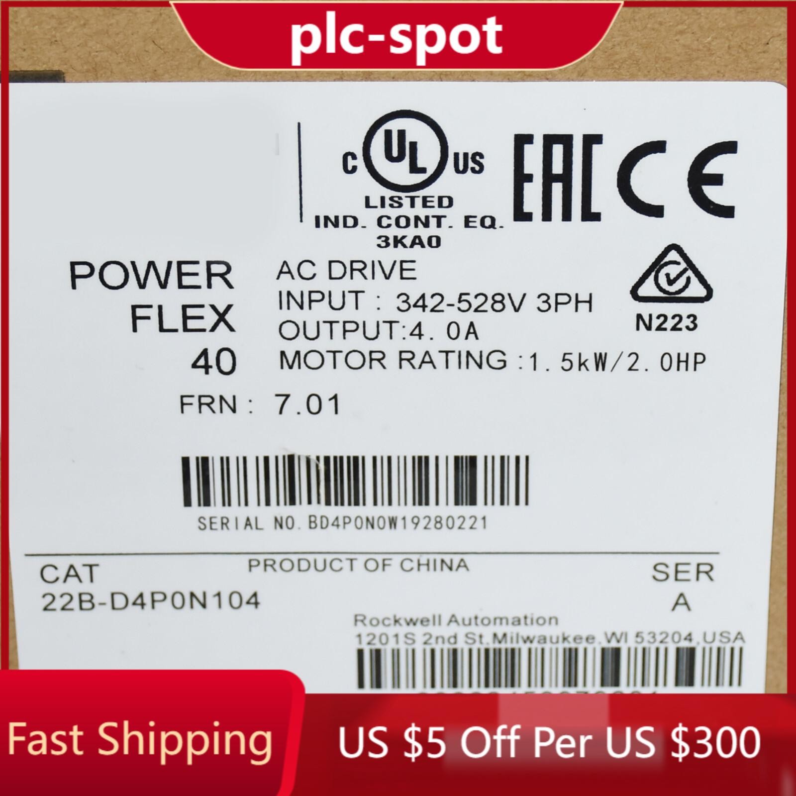 New Sealed Allen-Bradley 22B-D4P0N104 PowerFlex 1.5 kW 2 HP AC Drive AB