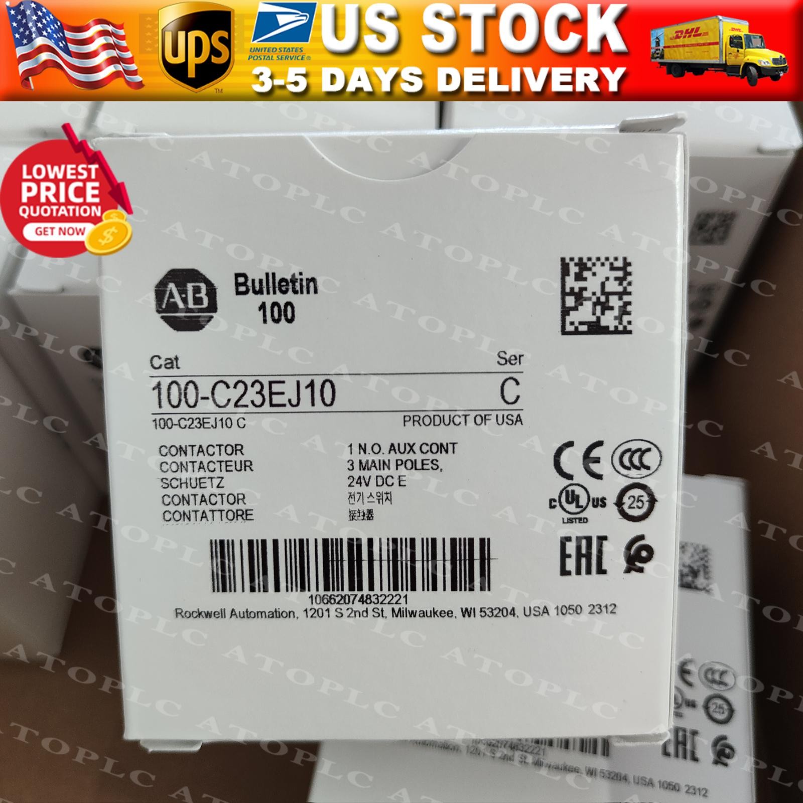 NEW ALLEN-BRADLEY IEC AB 100-C23EJ10 STANDARD CONTACTOR 23 AMP 24VDC US Free Tax