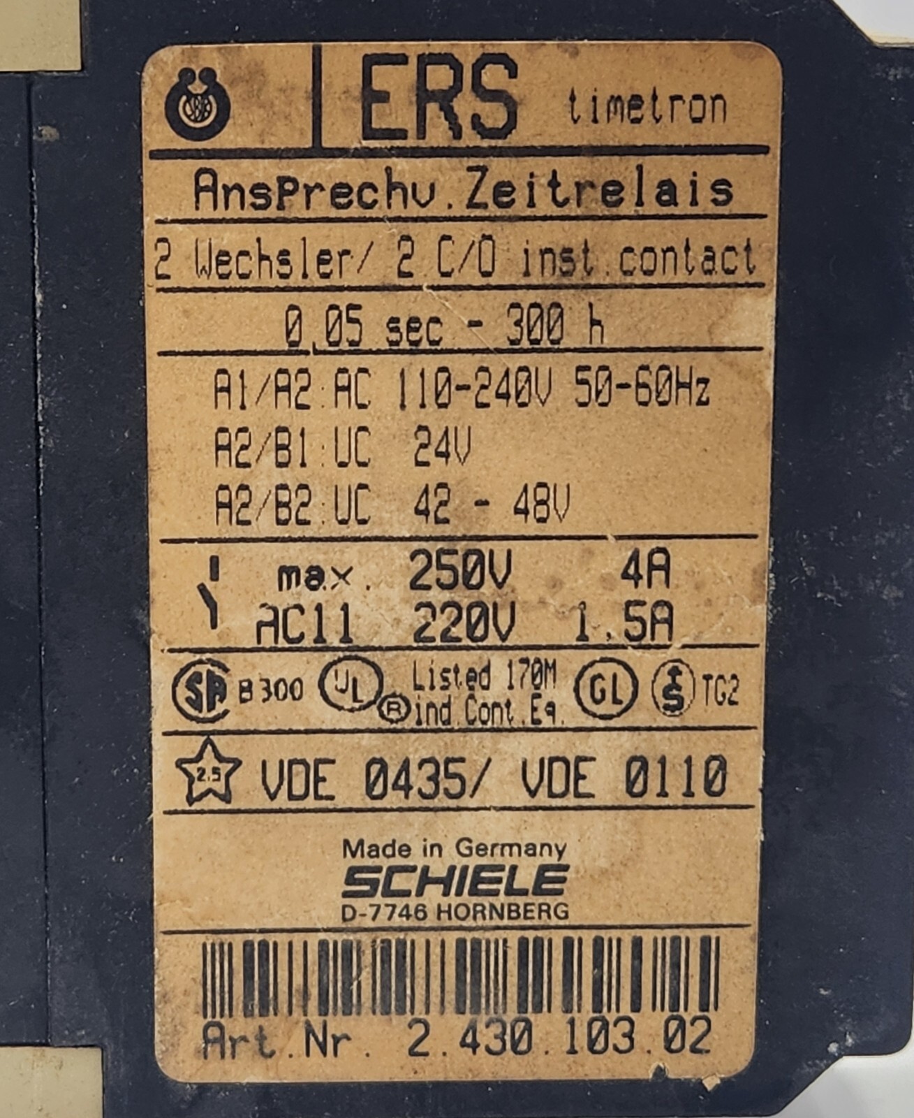 SCHIELE TIMETRON 2.430.103.02 ERS ON DELAY TIMER RELAY