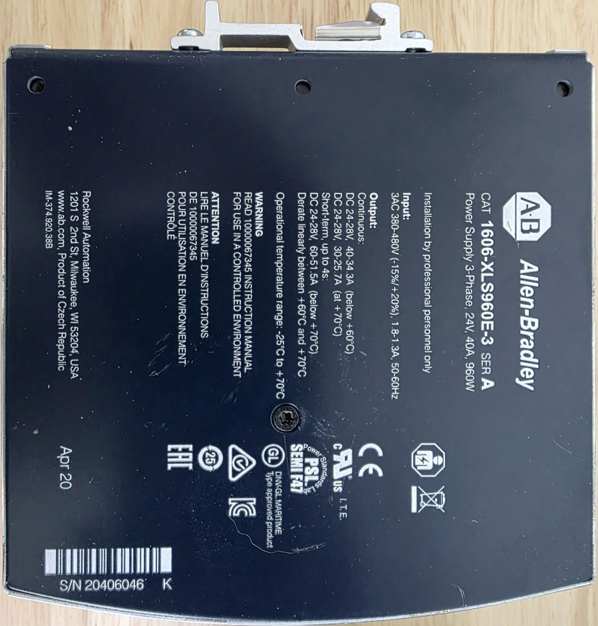 Allen Bradley 1606-XLS960E-3 Series A Power Supply, 380-480V AC 3-PH 24-28V, New