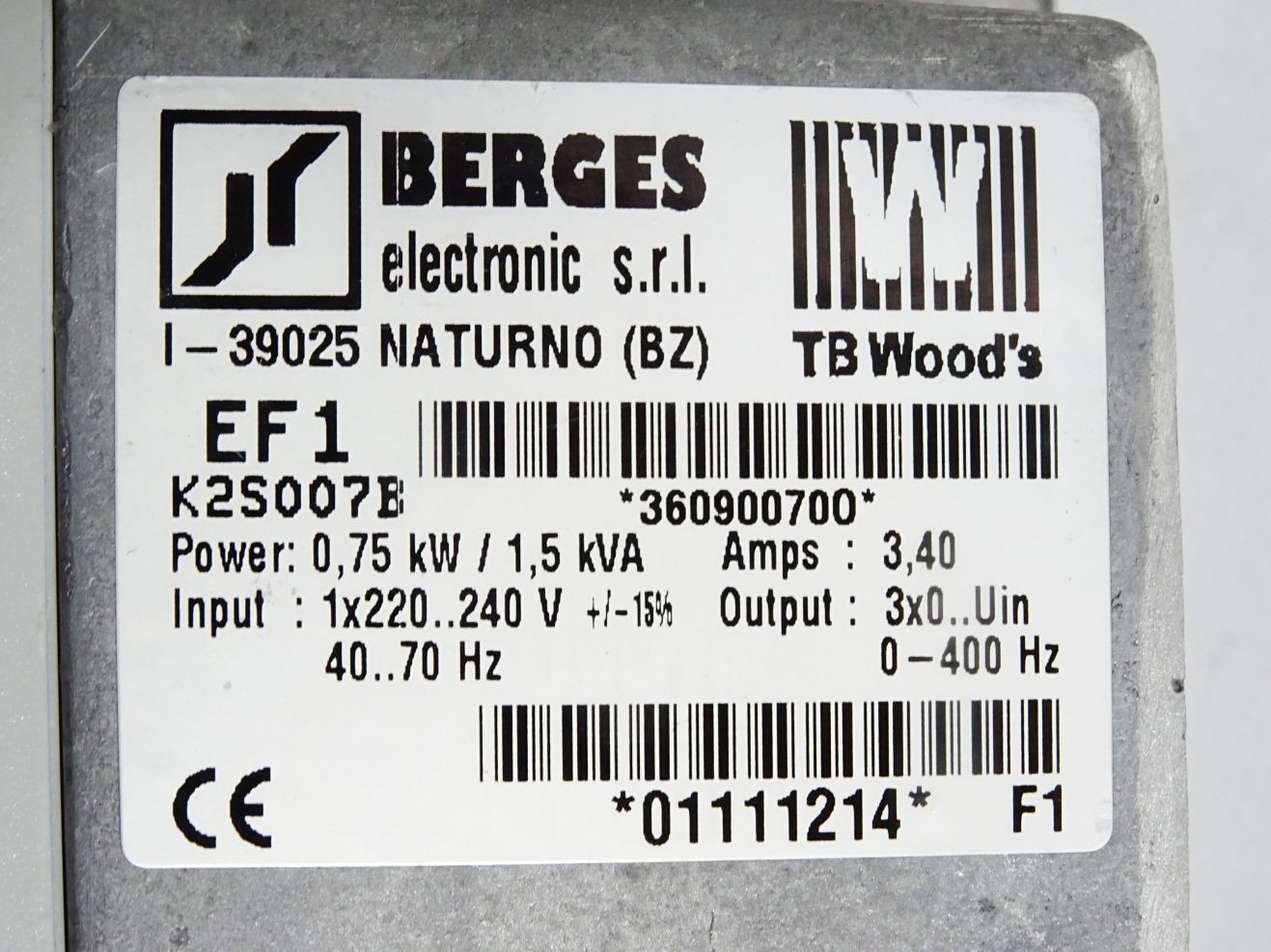 Berges Electronic TB Wood’s Microdrive Variable Frequency Drive EF1 K2S007B 0.75kW