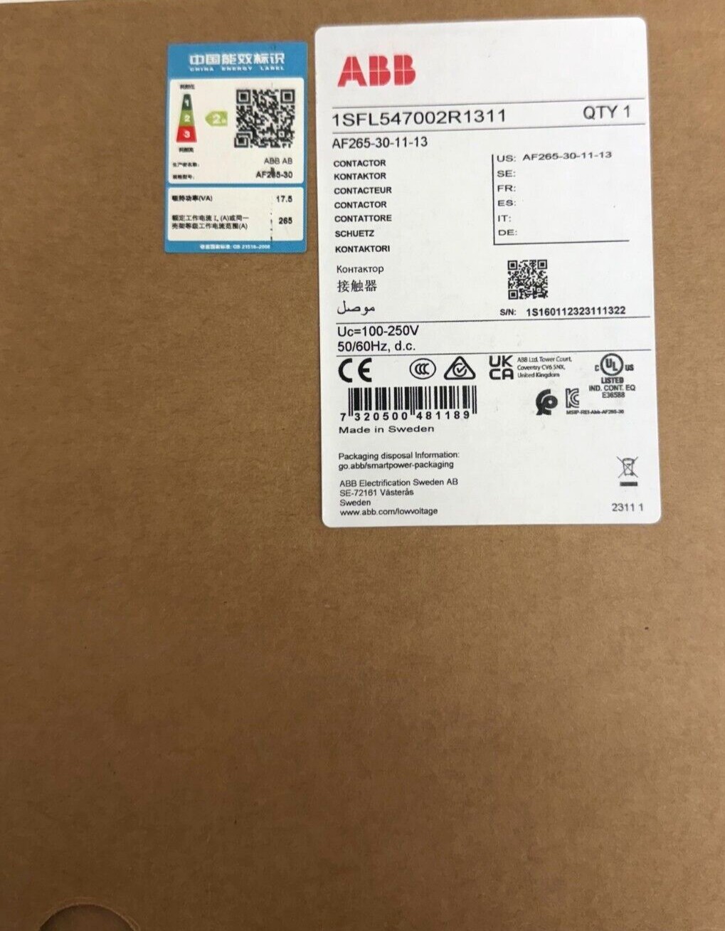 1pc ABB AF265-30-11-13 100-250V50/60Hz contactor 1SFL547002R1311 NEW