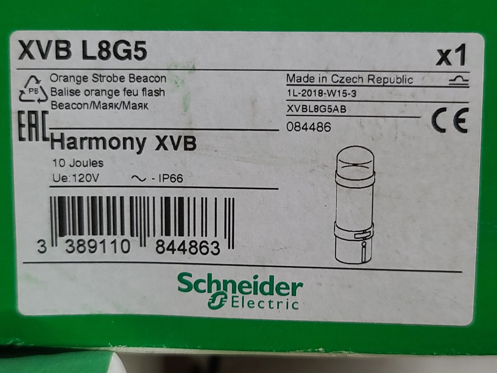 Schneider Electric XVBL8G5 / XVBL8G5 Orange Strobe Beacon New