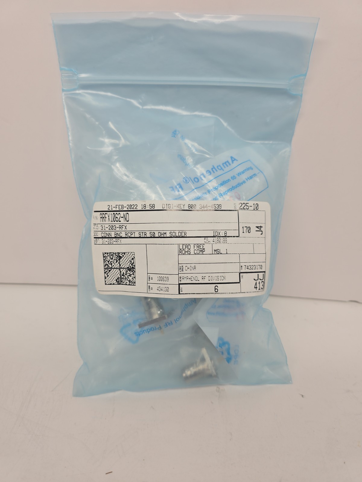 6 Amphenol RF 31-203-RFX BNC Female Connector Straight 50 Ohm Solder ARFX1062-ND