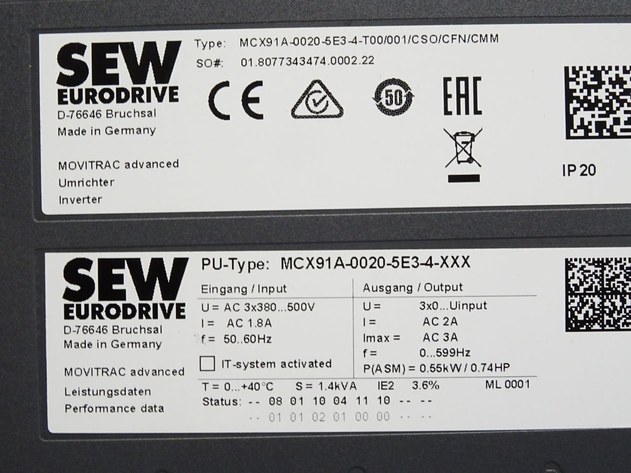 SEW Eurodrive Movitrac 0.55kW MCX91A-0020-5E3-4-T00 Excellent Condition Mint