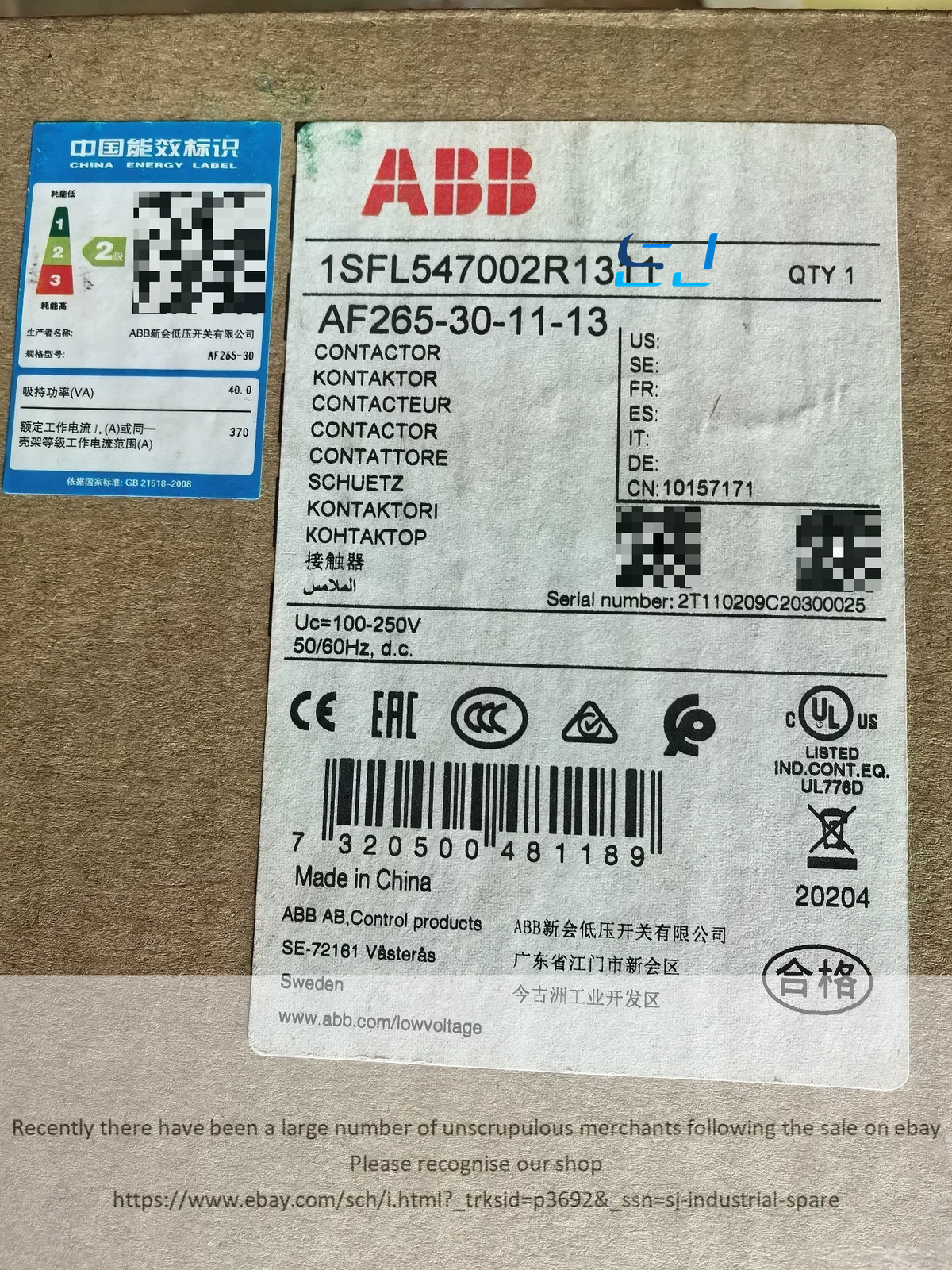 Brand new ABB AF265-30-11-13 Contactor AF265-30-11-13 1SFL547002R1311