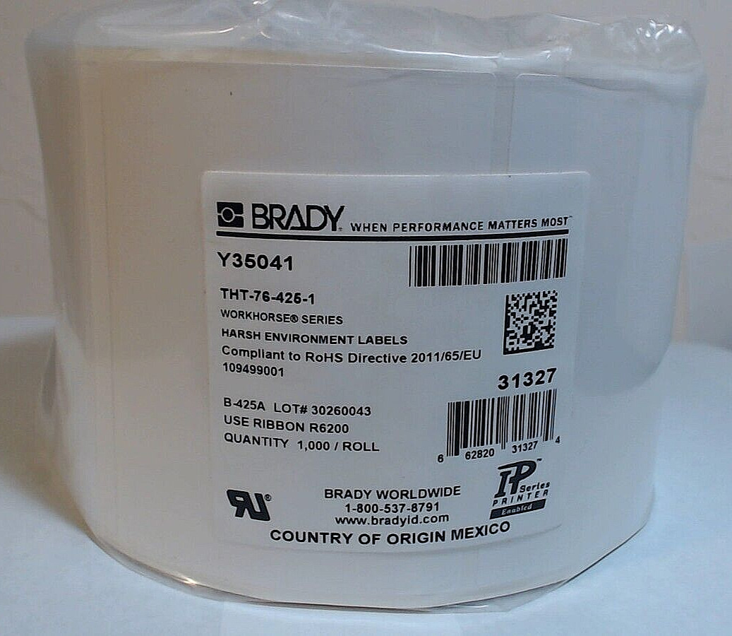 BRADY THT-76-425-1 White Workhorse Polypropylene Printer Labels 1000 Roll 4×3″