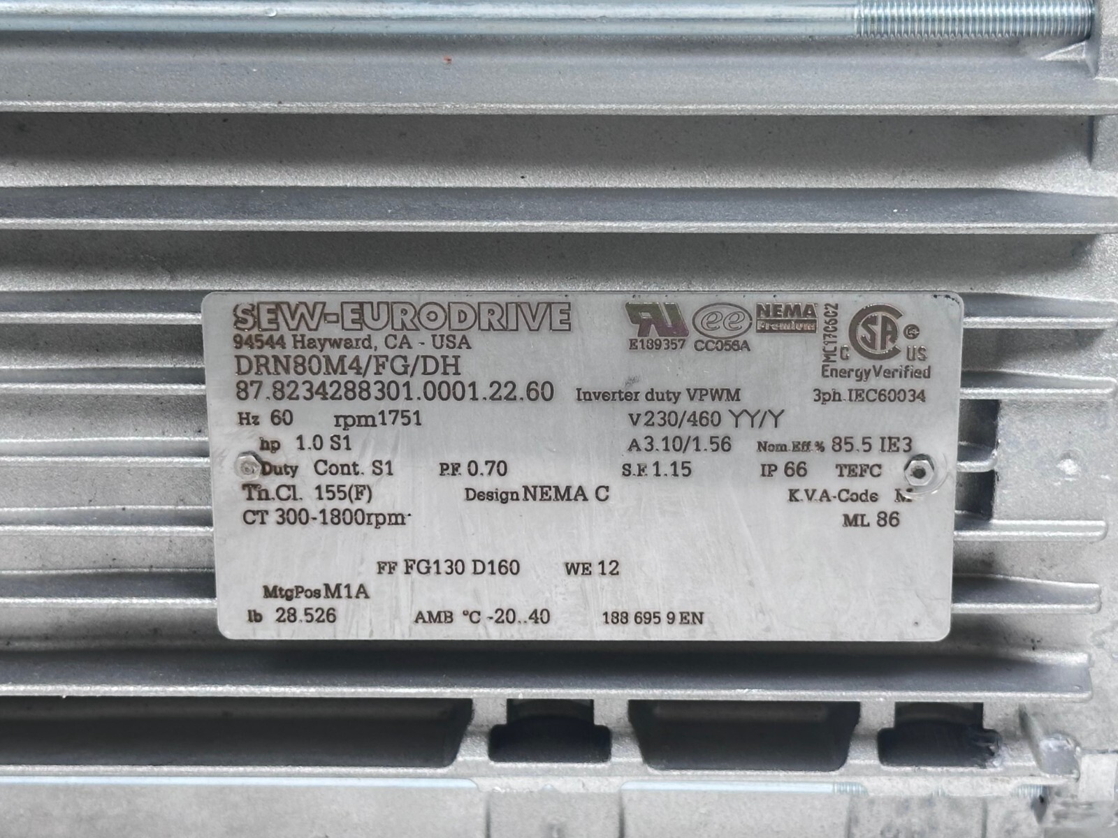 (NEW) SEW-EURODRIVE DRN80M4/FG/DH AC MOTOR 1.0Hp RPM1751