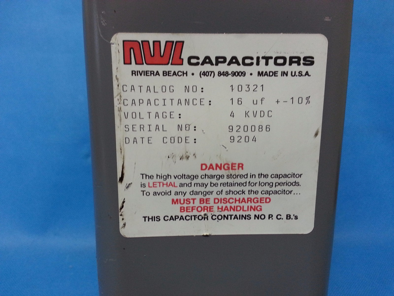 SHIPS SAME DAY NWL CAPACITORS 10321 CAPACITOR 16UF +-10% 4 KVDC