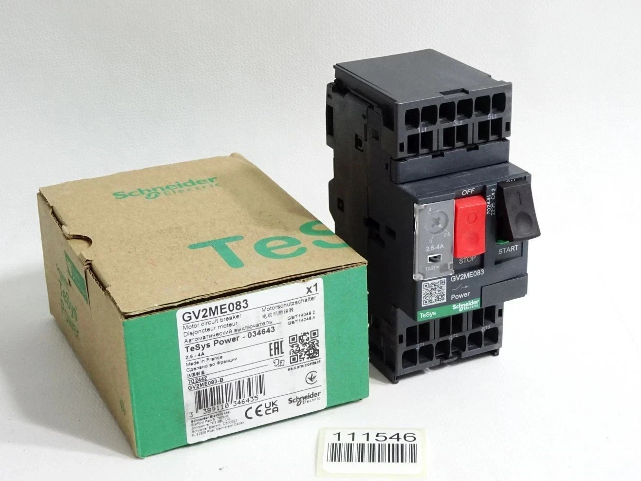 Schneider Electric GV2ME083 TeSys Motor Circuit Breaker, 2.5-4A, 3-Pole, Manual