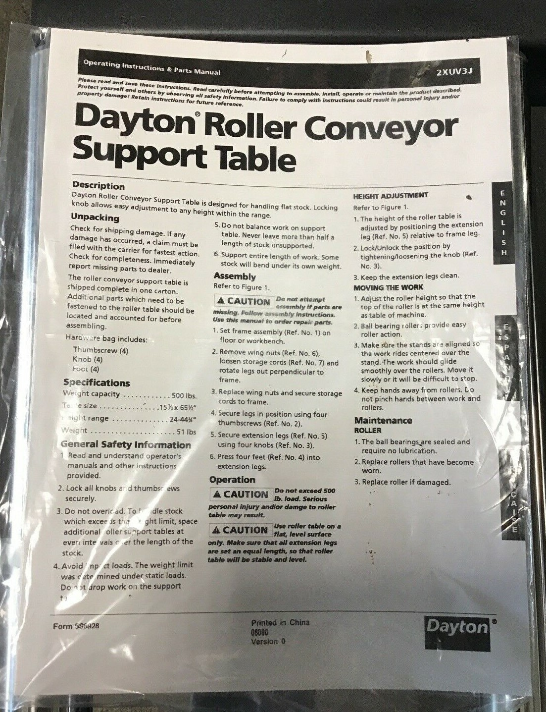 Dayton 2XUV3 Roller Conveyor Support Table, 500 Lb Cap 65.5″ LONG, 15.5″ WIDE.
