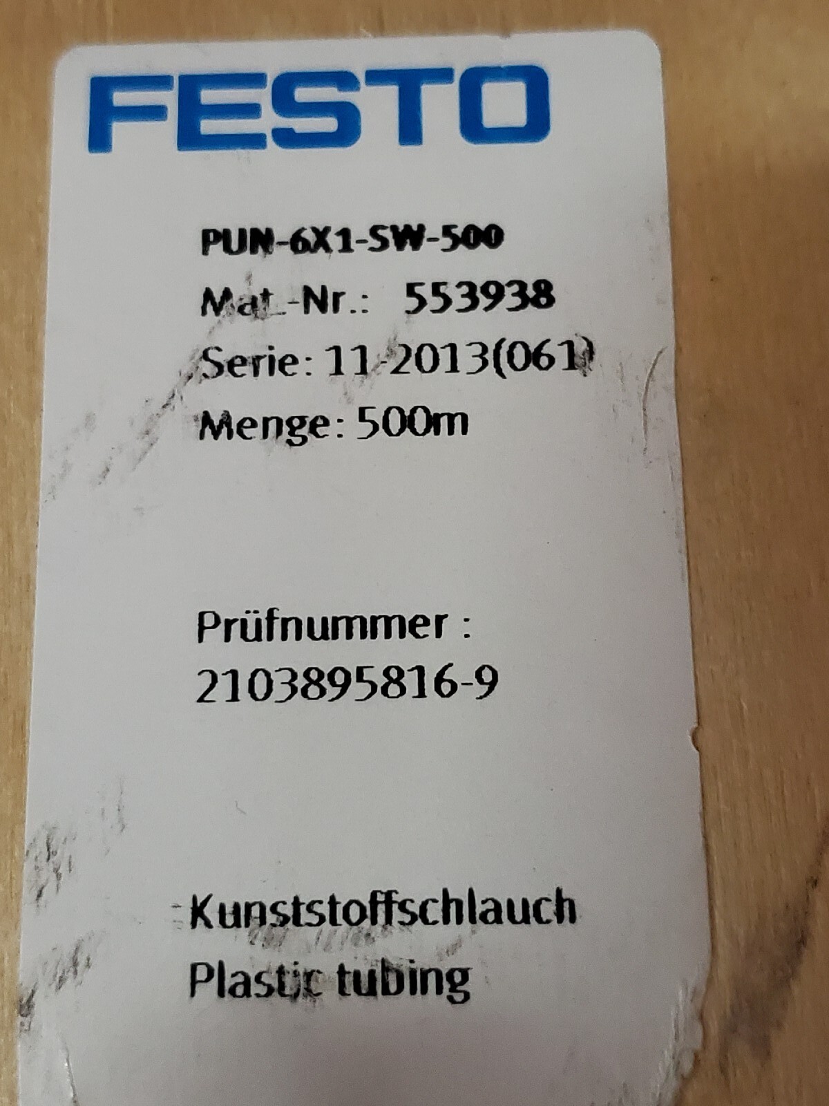 Festo PUN-6X1-SW – 20m Length – Black 6mm OD – Pneumatic Tubing